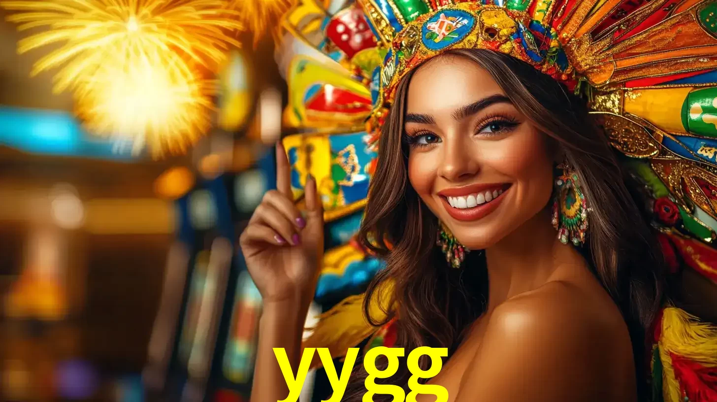 Mulher sorridente com um cocar de carnaval vibrante e colorido, celebrando uma grande vitória nos jogos do cassino yygg com fogos de artifício ao fundo.