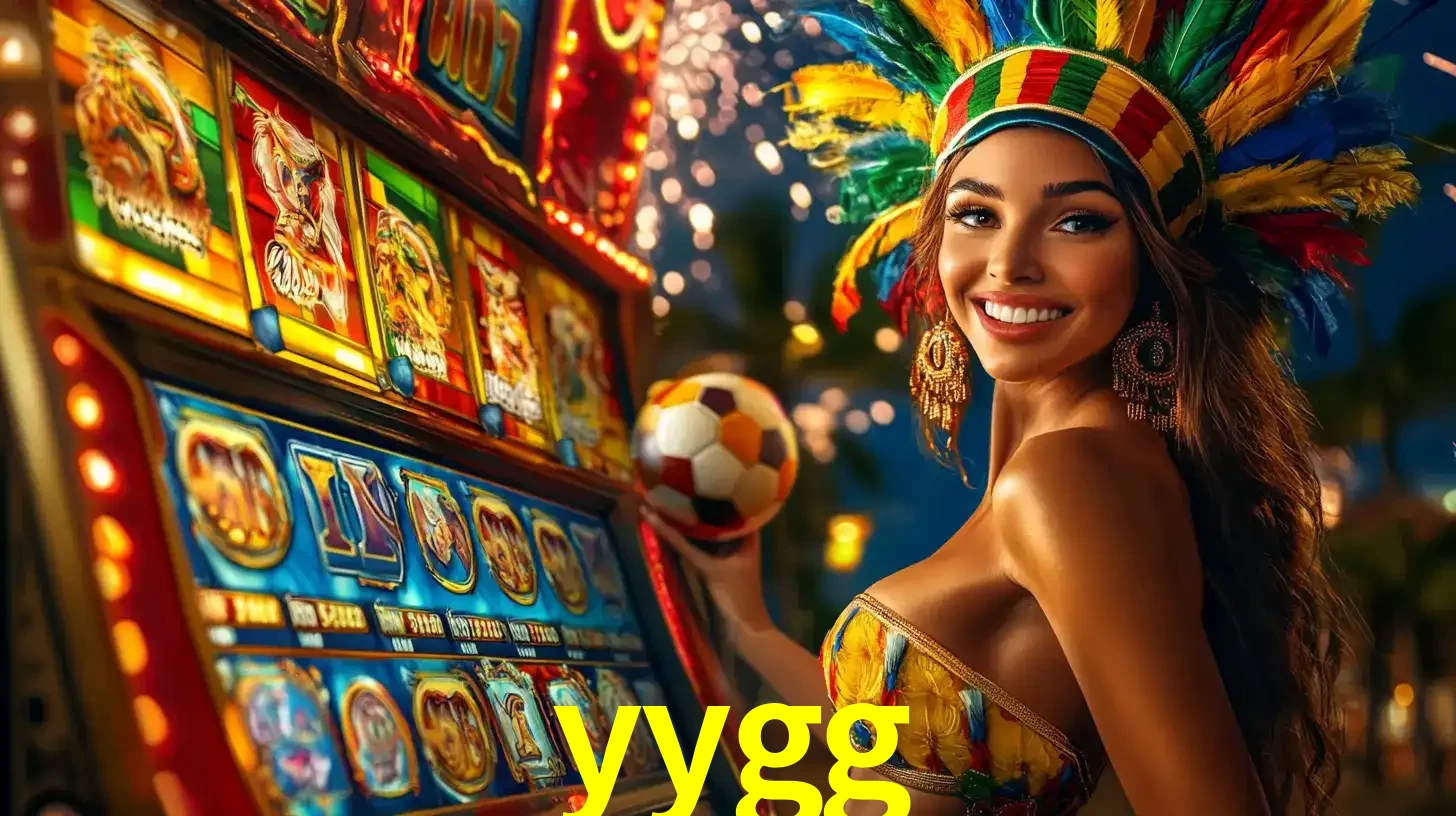 Mulher com um cocar de carnaval ao lado de uma máquina de caça-níqueis enquanto segura uma bola de futebol, mostrando a união da diversão de cassino e esportes no yygg.