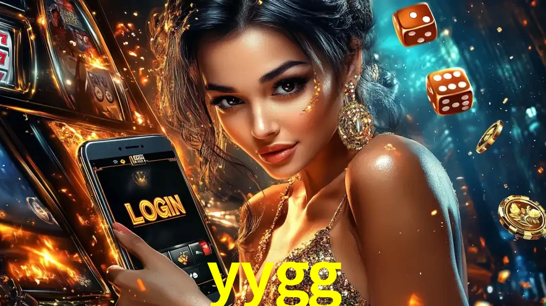 Mulher glamourosa segurando um celular com a tela de login do cassino yygg, rodeada por dados e moedas douradas, pronta para começar a diversão.