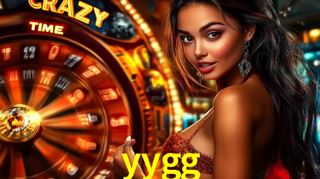 Mulher ao lado da roda de prêmios do jogo de cassino ao vivo Crazy Time, um dos shows de jogos mais emocionantes oferecidos pela plataforma de apostas yygg.