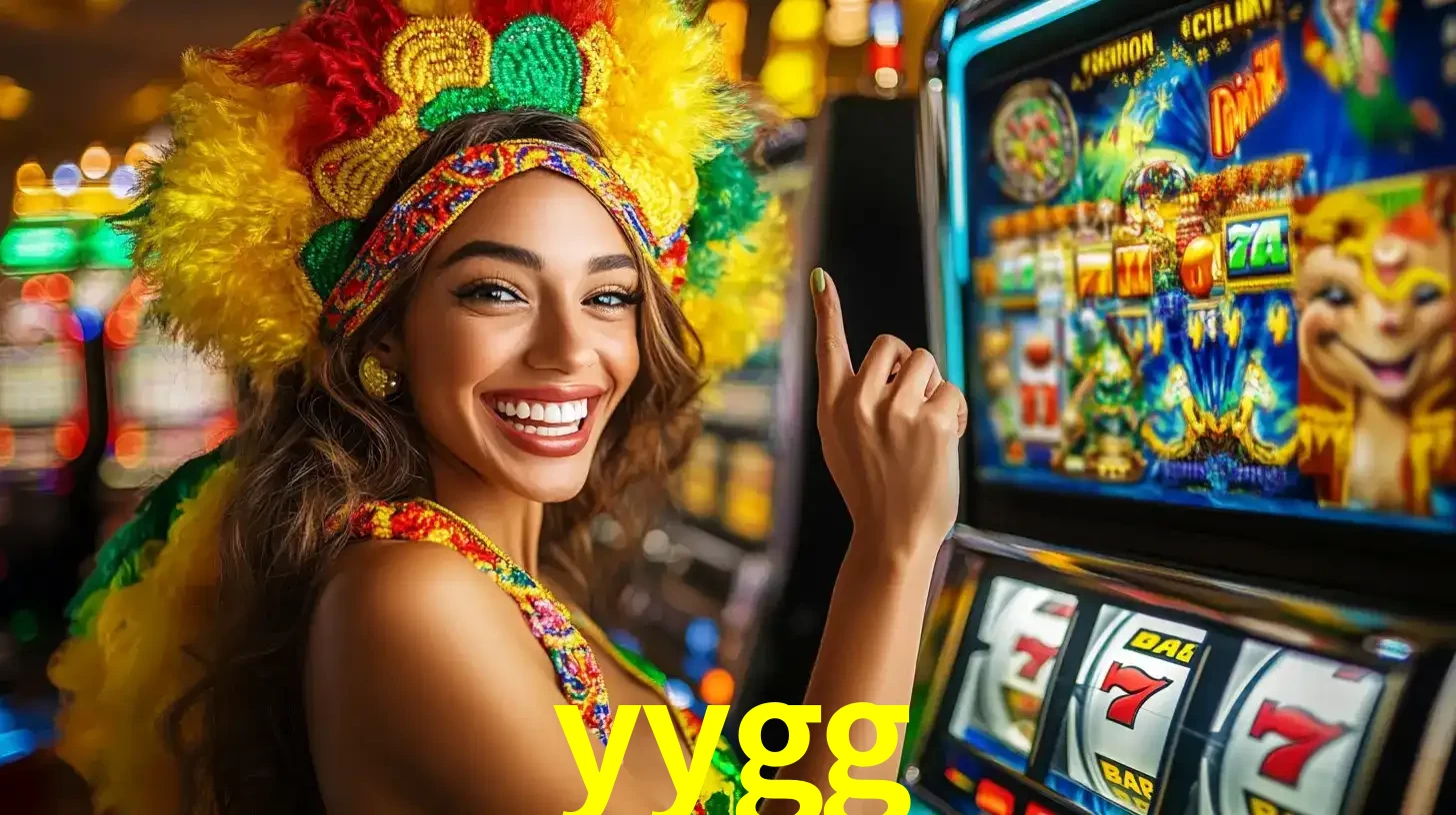 Mulher animada com um cocar de carnaval apontando para uma máquina de caça-níqueis, mostrando a emoção de ganhar um grande prêmio nos jogos do yygg.
