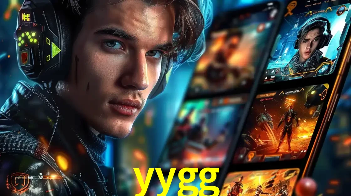 Jovem jogador com fones de ouvido olhando para a câmera, com um aplicativo de jogos e e-sports para celular ao fundo, pronto para a competição e apostas no yygg.