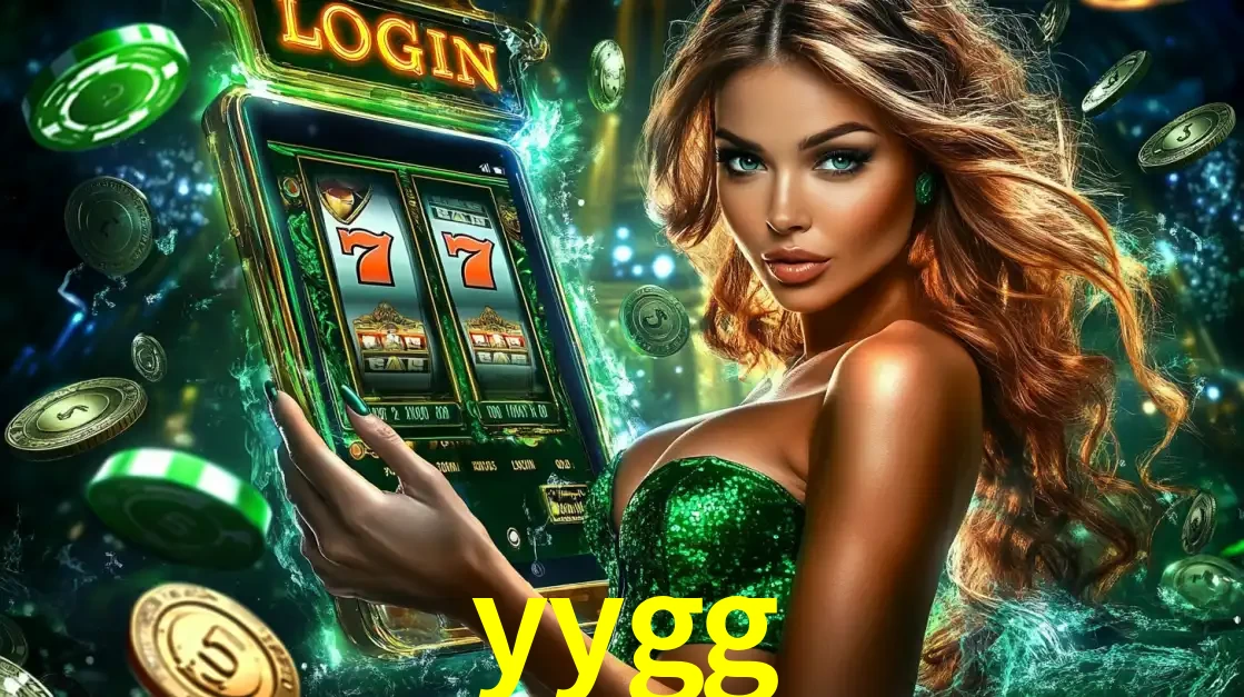 Mulher com tema verde apresentando o aplicativo do cassino yygg com um jogo de slot de 777, cercada por fichas de cassino e uma aura de sorte.