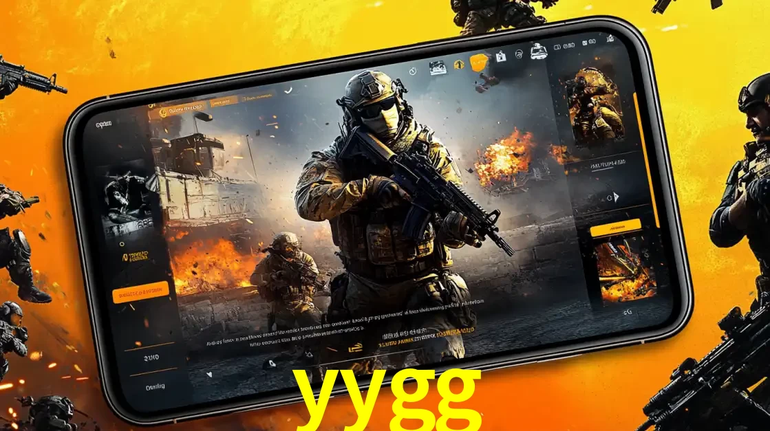 Um smartphone exibindo a interface de um jogo de tiro em primeira pessoa, com um soldado em um cenário de batalha, representando a ação dos e-sports para apostar no yygg.