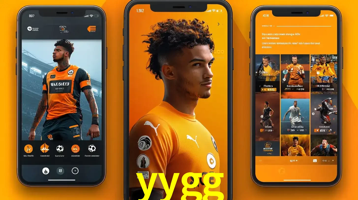 Interface do aplicativo de apostas esportivas yygg em três telas de celular, mostrando o perfil de um jogador de futebol e a lista de jogos disponíveis para apostar.