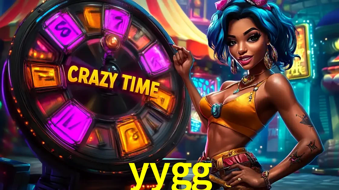 Mulher estilizada com cabelo azul e visual vibrante posando ao lado da roda de prêmios do game show Crazy Time, convidando para a diversão e os bônus do cassino yygg.