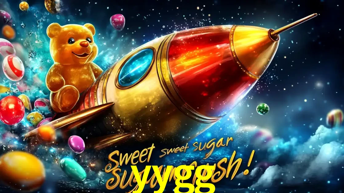 Arte promocional do jogo de slot Sugar Rush, com um urso de pelúcia em um foguete viajando pelo espaço de doces, um dos jogos divertidos disponíveis no cassino yygg.