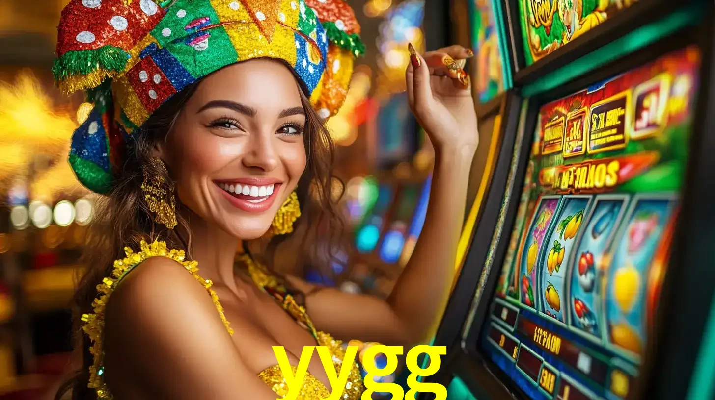 Mulher feliz com traje de carnaval amarelo e colorido ao lado de uma máquina de caça-níqueis, aproveitando a diversão e os jogos temáticos do cassino yygg.