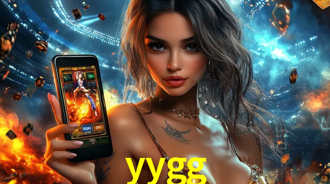 Mulher segurando um celular com um jogo de slot em destaque, tendo como fundo um estádio vibrante, simbolizando a emoção de jogar no cassino móvel yygg.