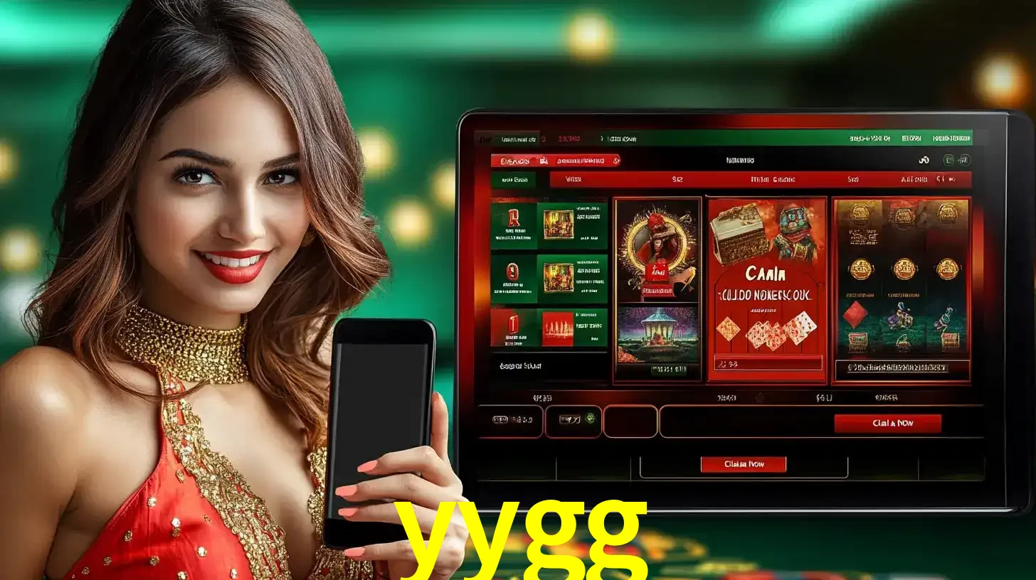 Mulher sorridente segurando um smartphone, ao lado de uma tela exibindo o lobby de jogos do cassino online yygg, com várias opções de jogos de cartas e slots.